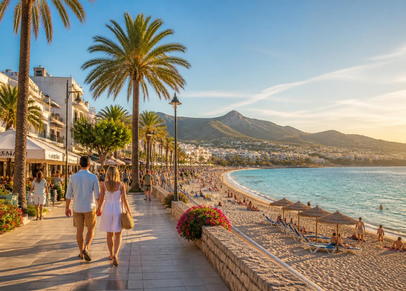 Sunlit beachfront promenade with palm trees by the sea